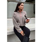 Koyu Bej Yarım Fermuar Etek Ucu Büzgülü Dik Yaka Oversize Kadın Polar Sweatshirt - 97234