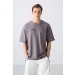 Koyu Gri Pamuklu Kalın Yumuşak Dokulu Oversize Fit Baskılı Erkek T-Shirt - 88326