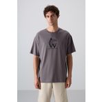 Koyu Gri Pamuklu Kalın Yumuşak Dokulu Oversize Fit Baskılı Erkek T-Shirt - 88332
