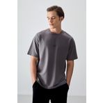 Koyu Gri Pamuklu Kalın Yumuşak Dokulu Oversize Fit Baskılı Erkek T-Shirt - 88373