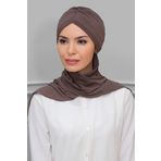 Koyu Vizon Pratik Hazır Geçmeli Tesettür Bone Sandy Kumaş Taçlı Büzgülü Şifon Atkılı 1208A_38