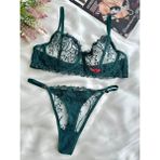 Koyu Yeşil Büyük Beden C Cup Dantelli Brode Iç Çamaşır Takımı Bralette (Balenli Sütyen &tanga) - Yeşil - Koyu Yeşil - 100C