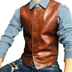 Koyun Derisi Erkek Yelek,Düğme Kapamalı, Dar Kesim, 3 İç Cepli, Suya Dayanıklı (Kahverengi, 2XL)