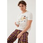 Koza İç Giyim Erkek Kısa Kollu Pamuklu Ekose Desenli Breakfast Baskılı Pijama Takımı - Bordo - Ekru - Sarı
