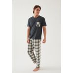 koza iç giyim Erkek Pamuklu Üst Füme Göğüs Cepli Kısa Kollu Pijama Takımı