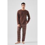 Koza İç Giyim Erkek Pamuklu Uzun Kollu Ekose Desenli Pijama Takımı - Kahverengi