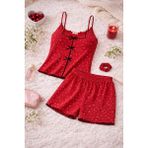 Koza İç Giyim Kadın İnce Askılı Fiyonklu Pamuklu Şortlu Pijama Takımı - Bordo - XL
