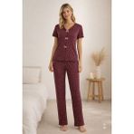 Koza İç Giyim Kadın Kısa Kollu Fiyonklu Fitilli Pijama Takımı - Bordo - Pembe - 2XL