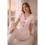 Koza İç Giyim Kadın Kısa Kollu Fiyonklu Fitilli Pijama Takımı - Pembe - XL