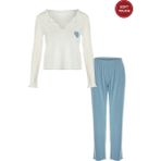 Koza İç Giyim Kadın Soft Touch Fitilli Uzun Kollu Pijama Takımı - Ekru - Mavi