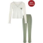 Koza İç Giyim Kadın Soft Touch Fitilli Uzun Kollu Pijama Takımı - Yeşil - Ekru - XL