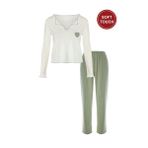 Koza İç Giyim Kadın Soft Touch Fitilli Uzun Kollu Pijama Takımı - Yeşil - Ekru