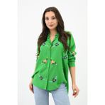 Koza Kadın Nakış Işlemeli Oversize Gömlek 1735-24 - XL - Benetton Yeşil