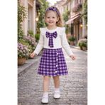 KOZADANKIDS Kız Çocuk Mor Ekose Etekli Tüvit Takım-Fiyonk Detaylı Şık Kombin 2li Takım (3-4-5-6-7-8 Yaş )