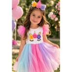 KOZADANKIDS Unicorn Doğum Günü Elbisesi + Taç Hediyeli Kabarık Tül Prenses parti Elbise