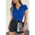 kozzy Fitted/vücuda Oturan Saks Mavi Polo Yaka Kısa Kollu Kaşkorse Crop Bluz
