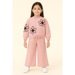 Kr Kids Butik Kız Çocuk Alt Üst Takım Pudra Pembe Çiçek Desenli 3 Iplik Pamuklu Kız Çocuk Eşofman Takımı – Rahat Kalıp, Mevsimlik - 3 - 4 Yaş