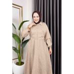Kraš (Kırışık Dokulu) Çizgili Tesettür Elbise - Günlük ve Şık Kombinler Için - 00514 Camel - 40 - 42