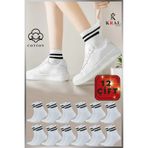 Kral Socks Erkek Kadın 12 Çift Çizgili Kolej Tenis Çorabı Pamuklu Terletmez Çorap Beyaz