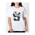 Krays Kadın Beyaz Sevimli Panda İllüstrasyon Baskılı Oversize Tişört - %100 Pamuklu Tatlı Hayvan Figürlü T-shirt - Kawaii Style Grafik Tshirt