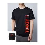 Krays Türkiye 2026 Dünya Kupası Tasarımlı Kırmızı Detaylı Siyah Erkek T-shirt Şapka Hediyeli - Turkey Dikey Baskılı Futbol Taraftar Tişörtü, Pamuklu Bisiklet Yaka
