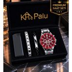 KRC PALU,Clup Polo Cluppolo On Erkek Kol Saati – Kırmızı Kadran, Çelik Kordon, Spor & Şık Kronograf Tasarım, Su yolu Bileklik,İtalyan Bileklik,Çakmak,Özel Kutulu PREMIUM Hediye Seti,Saat Seti - Kırmızı - Gümüş