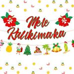 Kreatwow Mele Kalikimaka Afiş Hawaii Noel Dekorasyonları Mutlu Noeller Çelenk Parlayan Kırmızı Amber Çiçeği Yılbaşı Tatil Parti Malzemeleri için Önceden Gerilmiş 2'li Paket