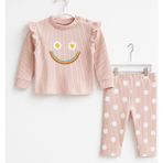 Krem Çizgili Çiçek Desenli Kız Bebek Pijama Takımı-Choose Happy - 130-Krem Rengi - 3 - 6 Ay