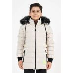 Krem Erkek Çocuk Çıkartılabilir Kapüşonlu Şişme Deri Karışımlı Kumaş Mont&Kaban