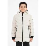 Krem Erkek Çocuk Sabit Kapüşonlu Şişme Deri Karışımlı Kumaş Mont&Kaban