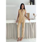 Krem Kuşak Bağlamalı Yelek Kemerli Havuç Pantolon Dokuma Kumaş Ikili Takım - 001-Krem - 3XL