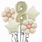 Krem Papatya 8 Yaş Happy Birthday Yıldız Rakam Folyo Balon Set