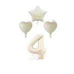 Krem Renk Rakam Happy Bırthday Yazılı Yıldız ve Kalpli Folyo Balon Seti Yaş 4