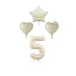 Krem Renk Rakam Happy Bırthday Yazılı Yıldız ve Kalpli Folyo Balon Seti Yaş 5