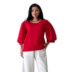 Krep Balon Kol Bisiklet Yaka Bluz (Kırmızı, 2XL)