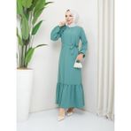 Krep Kumaş Omuz Fırfırlı Elbise Yeşil - 38