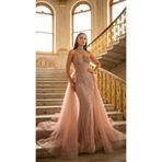 Kristal İşlemeli Tül Pelerinli Balık Abiye Elbise pembe 38