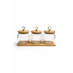 Kristal Kulplu Cam Kavanoz (10x10 cm) Seti 3’lü – Bambu Kapaklı & Ahşap Altlıklı Dekoratif Saklama Kabı