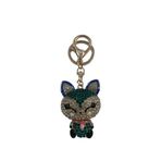 Kristal Taşlı Kedi Figürlü Anahtarlık, Mavi-Yeşil Renkli, Metal