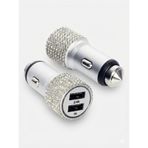Kristal Taşlı Metal Araç Çakmaklık Şarj Aleti Çift Usb-A Girişli Hızlı Şarj 2.4A 12-24V Gümüş