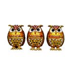 Kristal Taşlı Metal Baykuş Biblo Seti, 3 Parça, 6x5 cm, Renkli Dekoratif Süs (Sarı)