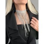 Kristal Taşlı Saçaklı Püskül Model Silver Renk Abiye Choker Tasma Kolye