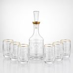 Kristal Zarafet 6 Kişilik Şeffaf Cam Karaf ve Bardak Seti, Altın Kenarlı, Desenli, Şişe H.33 cm, Bardak H.13 cm