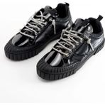 Krıste Bell 03 Rugan Siyah Paraşüt Kumaş Deri Taşlı Bağcıklı Sneaker Kadın Spor Ayakkabı - 001 Siyah
