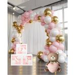 Krom Gold, Makaron Pembe ve Beyaz Balon Temalı 1 Yaş Set; One Kutu Pembe Kalpli Ayıcık Folyo ve Balon Zincir Set - Renkli - PembeOne