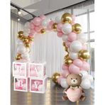 Krom Gold, Makaron Pembe Ve Beyaz Balon Temalı Baby Shower Set Baby Kutu Pembe Kalpli Ayıcık Folyo Ve Balon Zincir Set Pembe