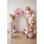 Krom Gold, Makaron Pembe ve Beyaz Balon Temalı Baby Shower Set; Baby Kutu Pembe Kalpli Ayıcık Folyo ve Balon Zincir Set - Renkli - PembeBaby