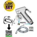 Krom Paslanmaz Taharetmatik Wc Matik Set Çift Kenetli Spiral Hortum