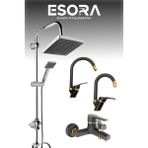 Krom Siyah Robot Duş Seti , Siyah Gold Oynar Uçlu Eviye , Lavabo , Banyo Bataryası 4’lü Set
