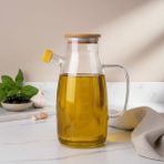 Krommet Bambu Kapaklı Vakumlu Borosilikat Cam Yağlık - Yağdanlık, Sirkelik 1000 ml - Şeffaf - 1 lt